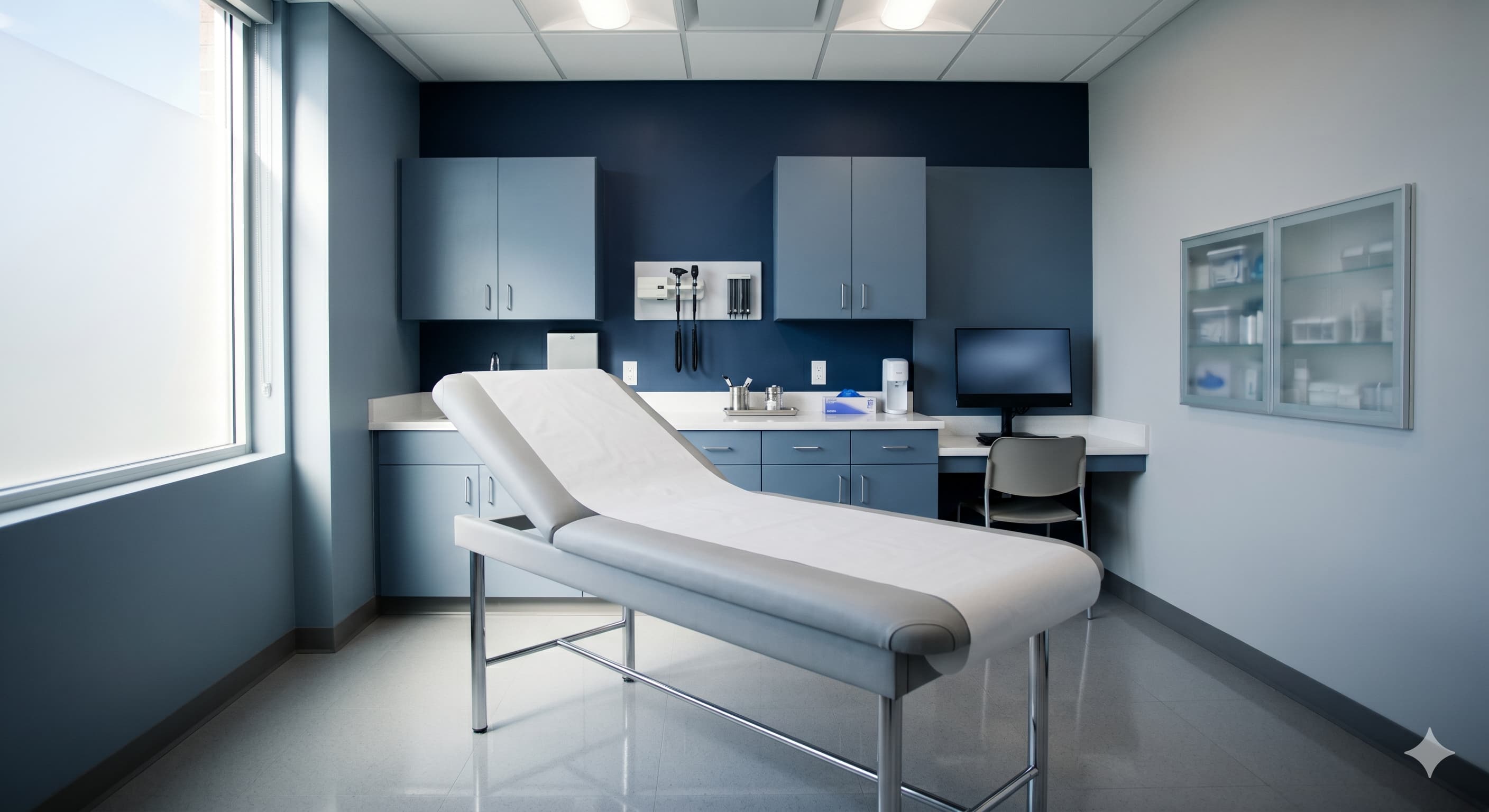 Sanitized medical clinic exam room with clean surfaces
