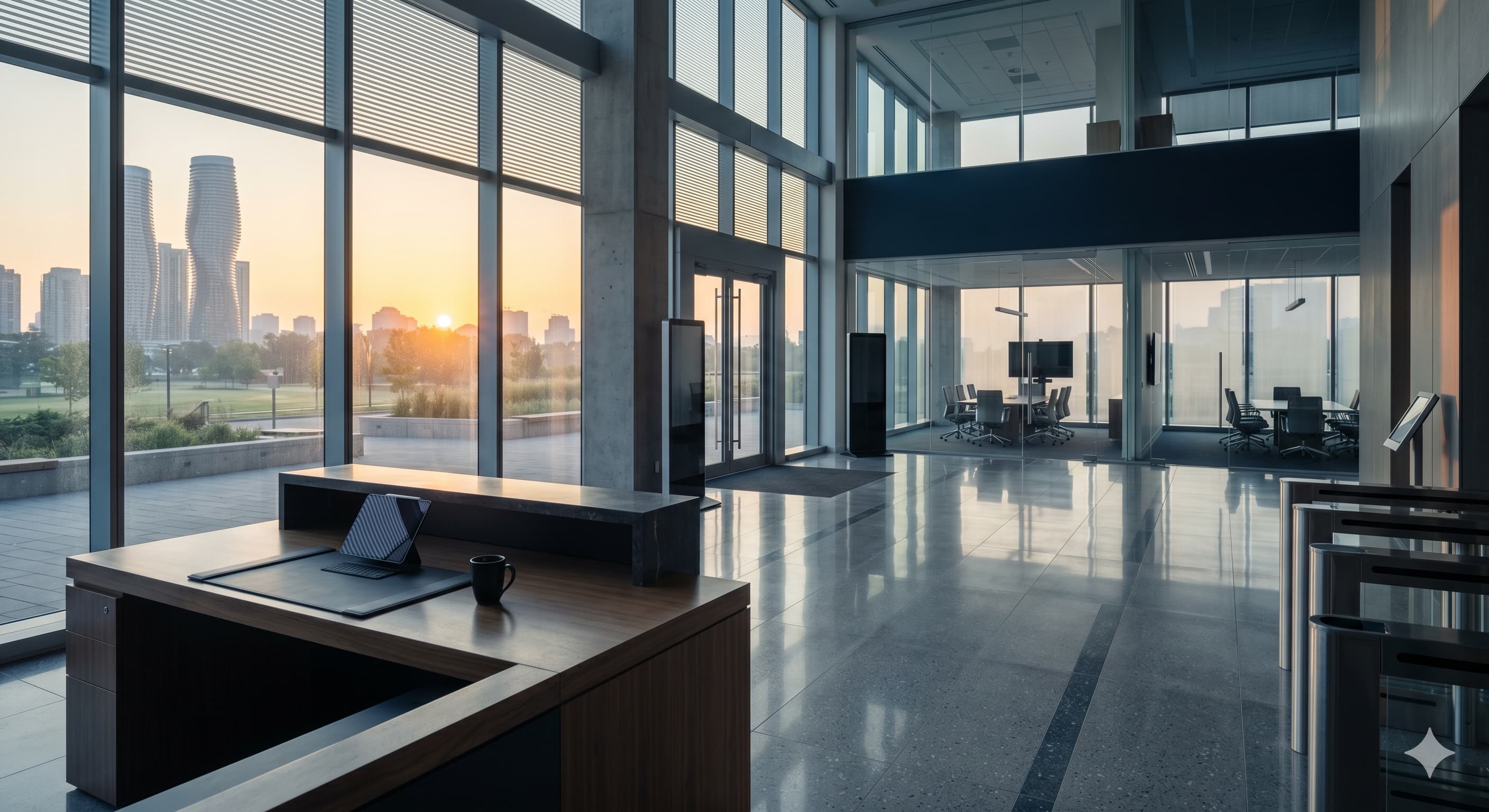 Spotless modern office reception area early morning