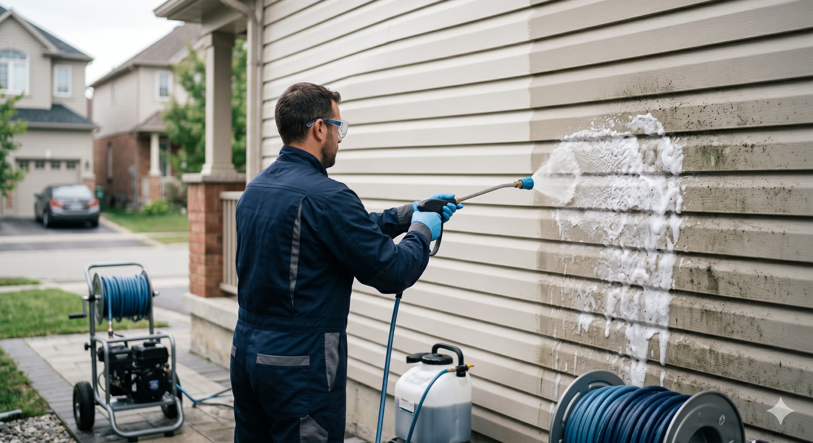 Soft washing exterior siding of a home with professional equipment