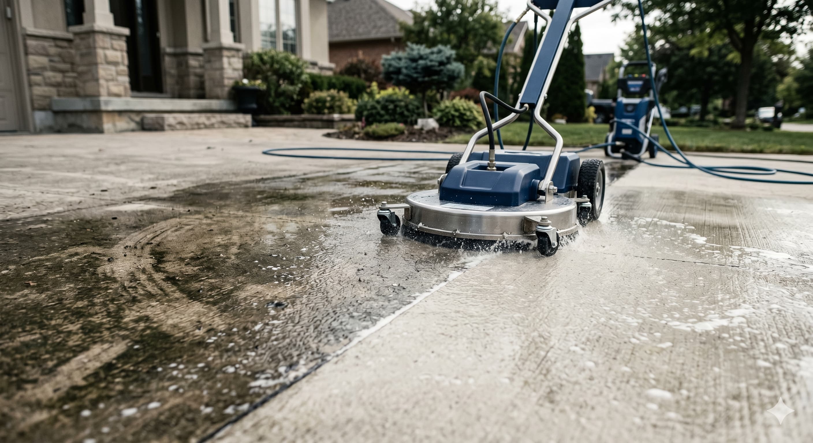Pressure washed concrete driveway showing dramatic before and after contrast