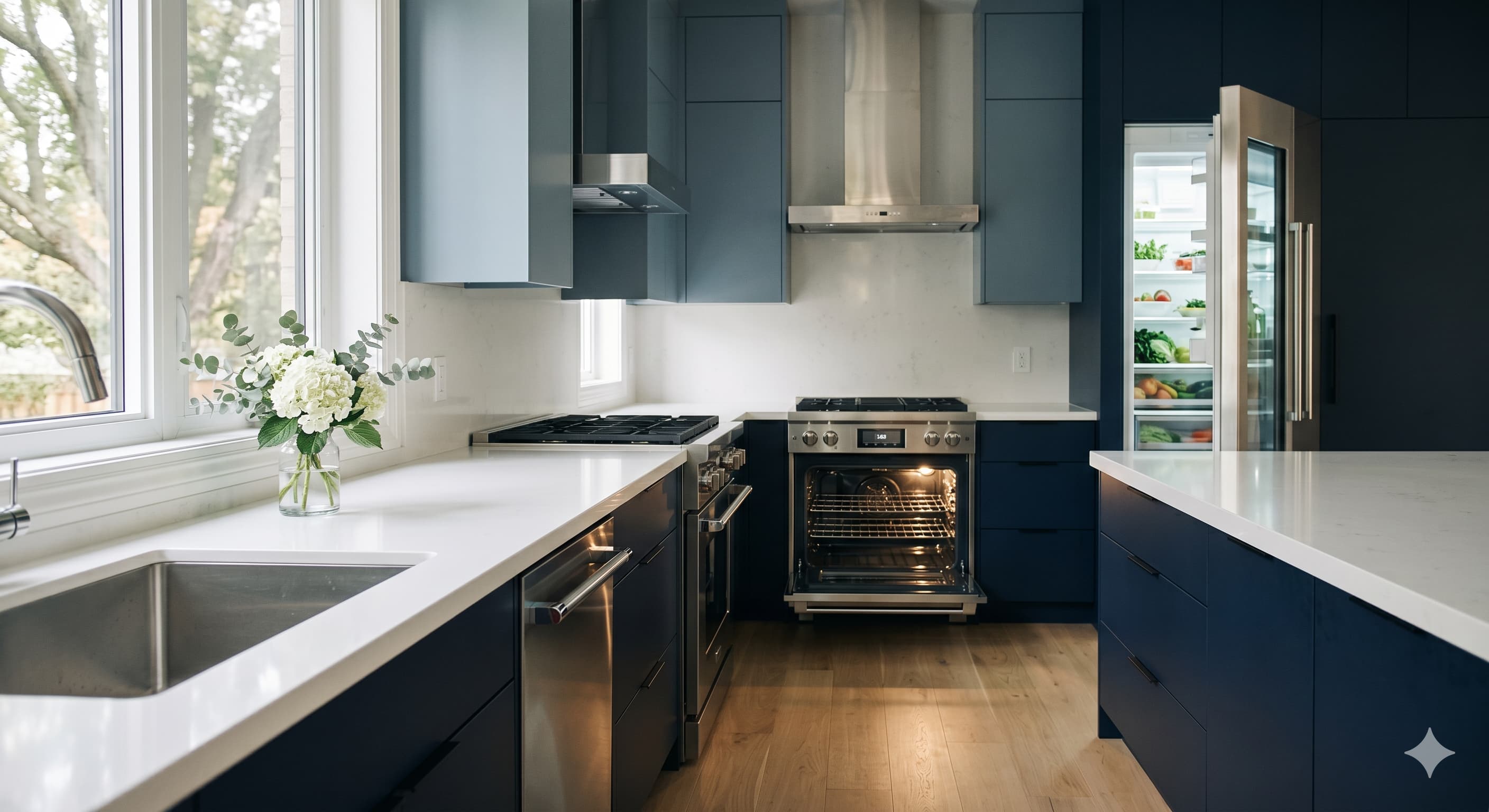 Spotless modern kitchen with gleaming countertops after deep cleaning