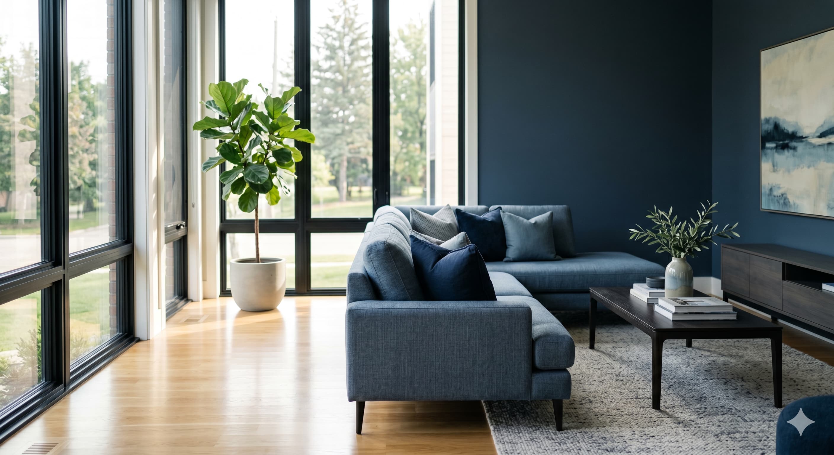 Pristine modern living room with sunlight streaming through clean windows