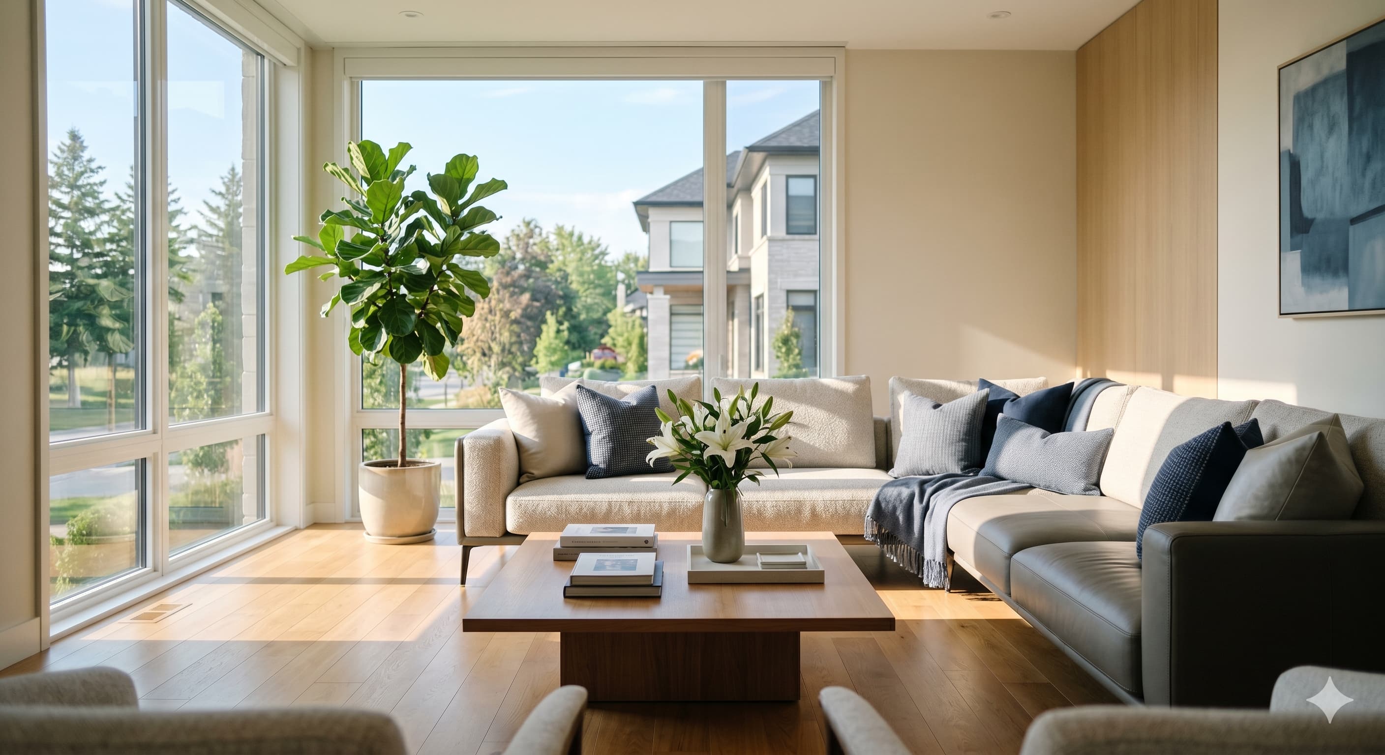 Bright modern living room after a residential cleaning service