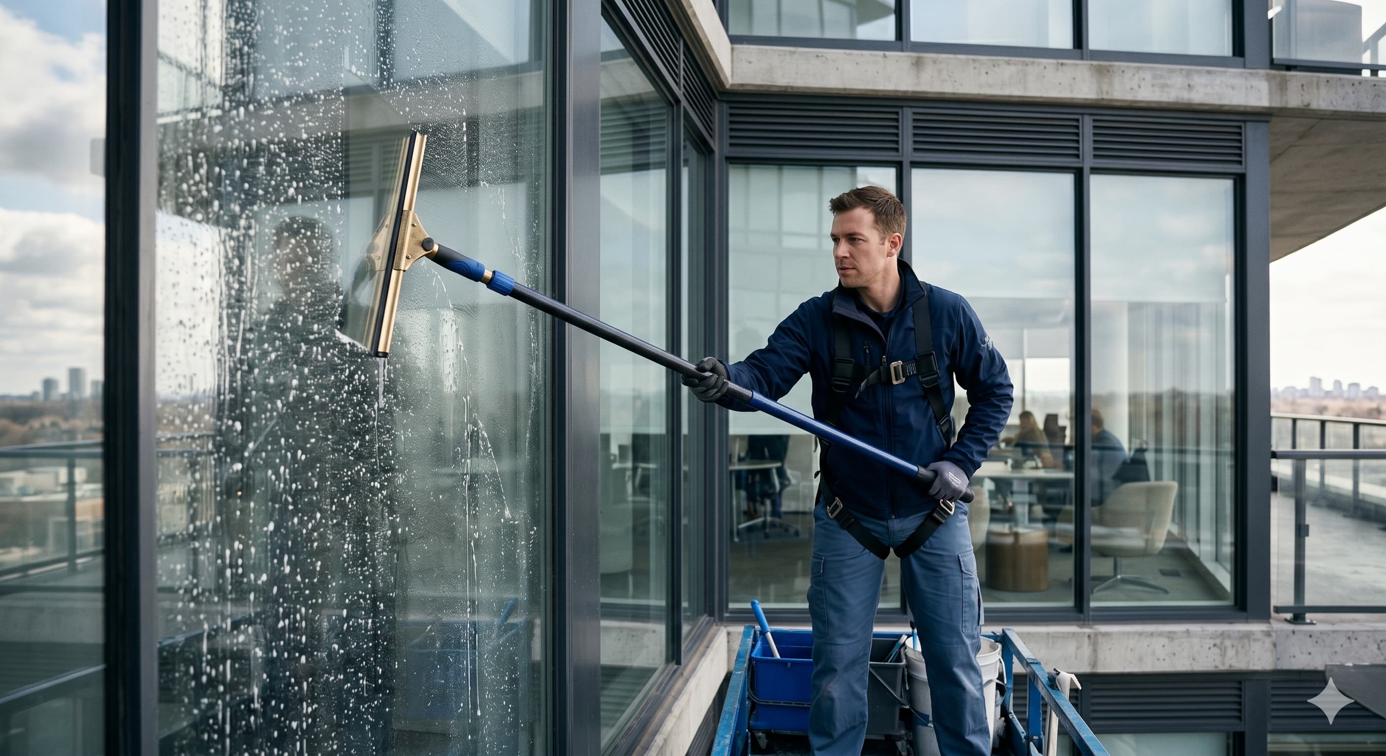 Cleaning exterior windows on a home with professional equipment