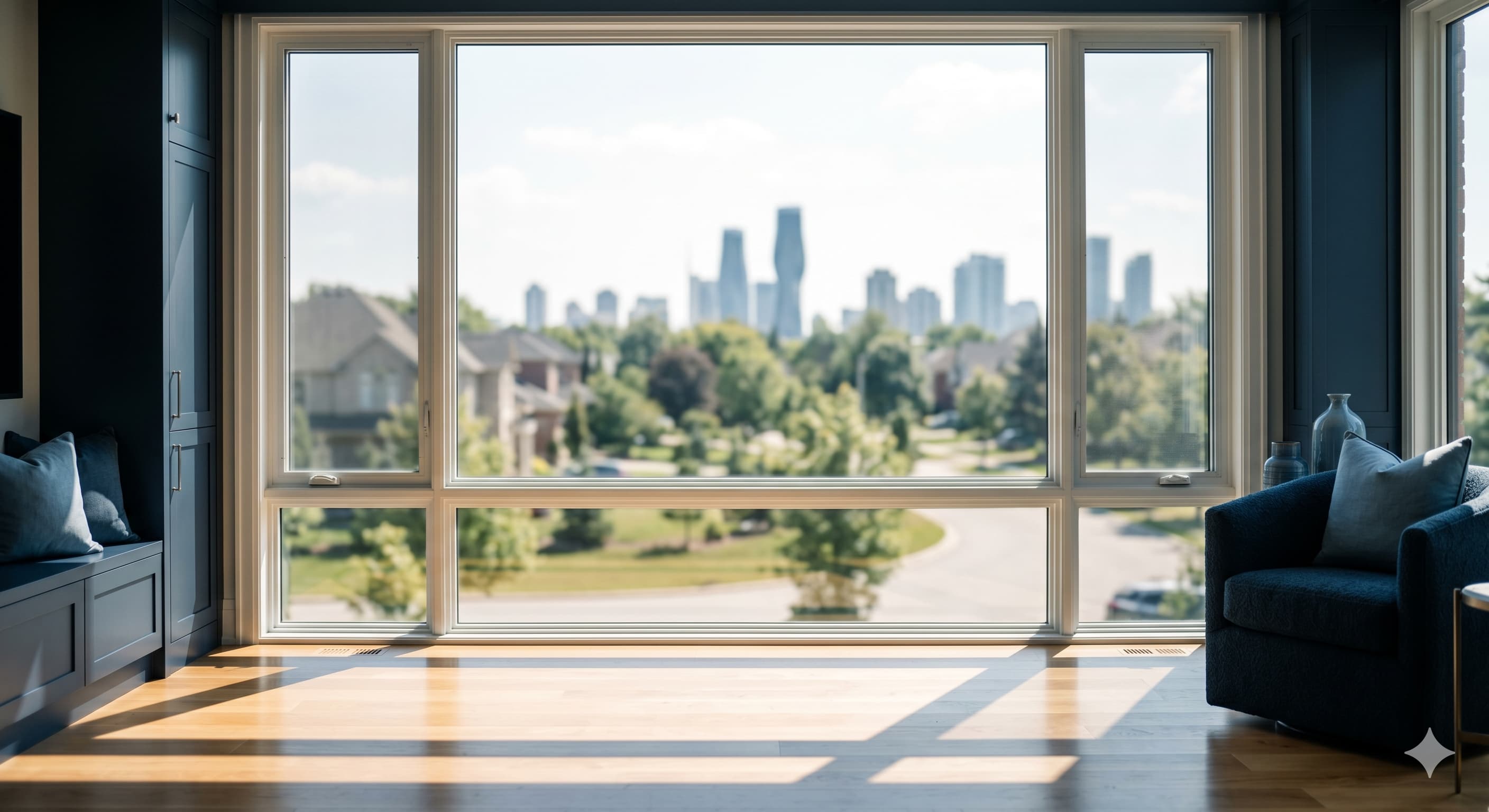 Streak-free interior windows showing clear view of city skyline